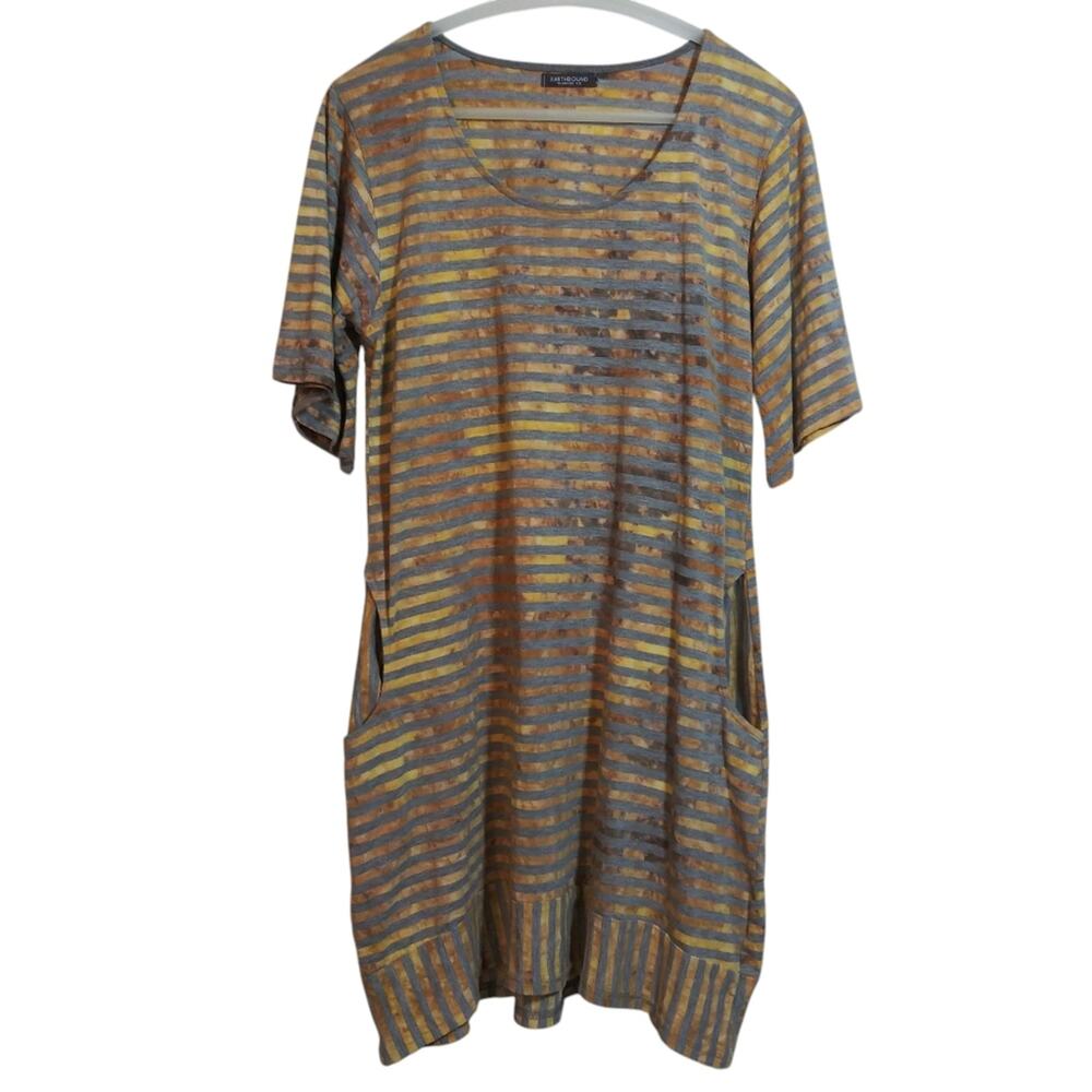 Earthbound Striped Short Sleeve Tunic Top With Pockets Bohemian Lagenlook Sz M